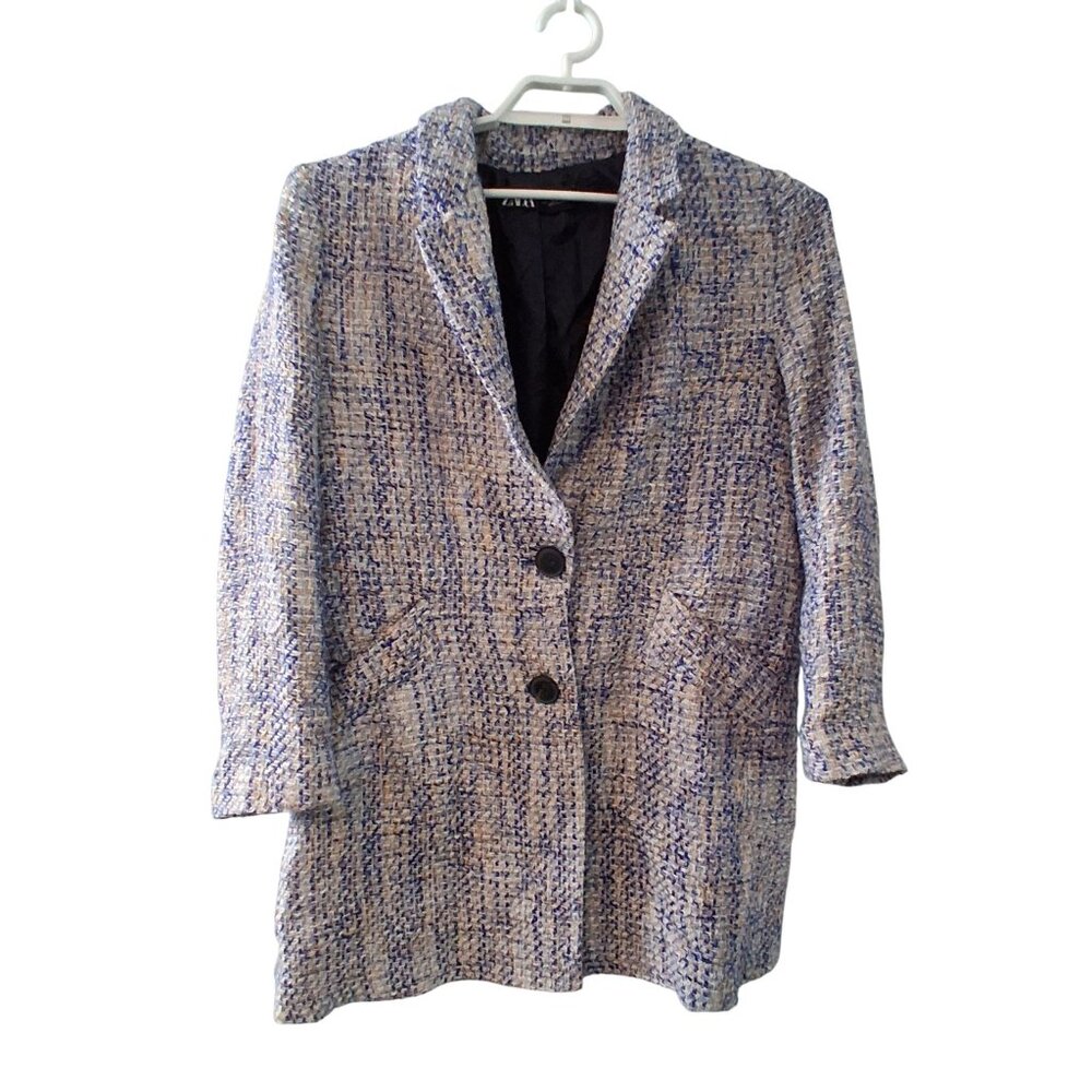 Zara tweed dress coat womens Large blue midi